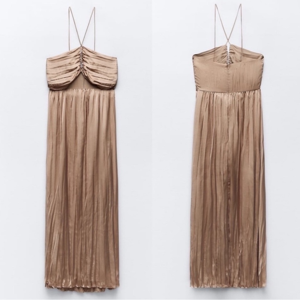 Zara pleated satin cutout halter neck pleated satin midi dress